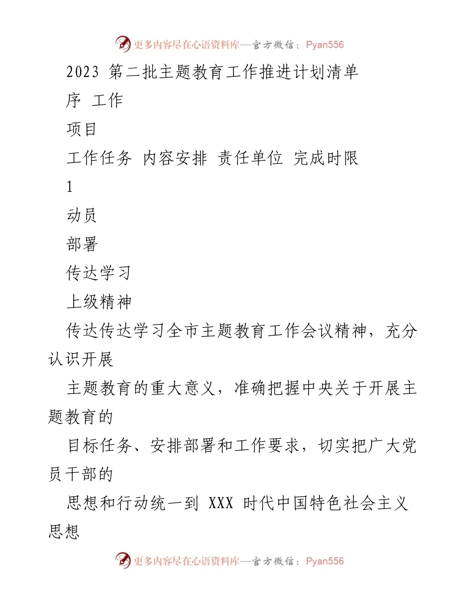 [工作推进计划] 主题教育 - 2023 第二批主题教育工作推进计划清单.docx_第1页