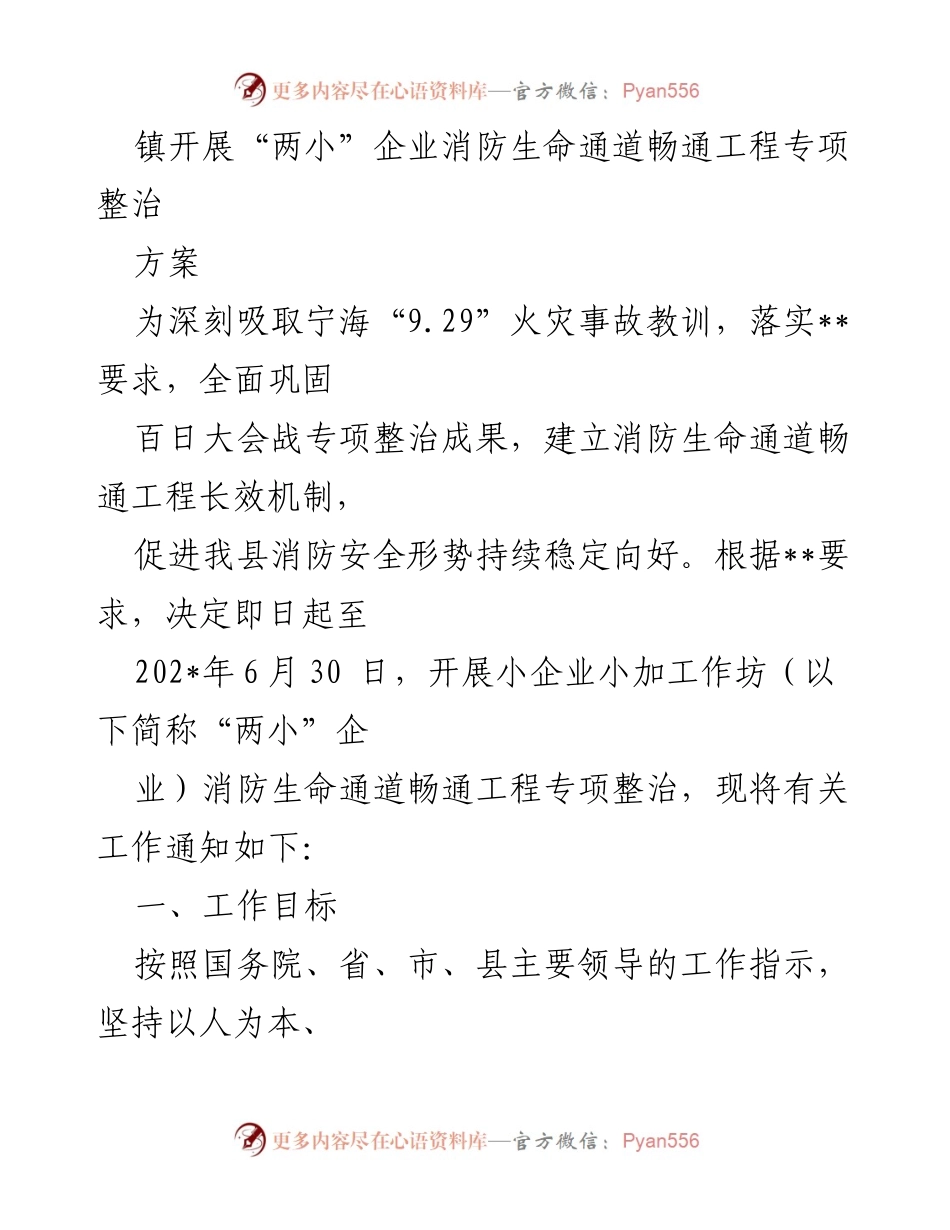 [工作方案] 镇级专项整治 - 镇开展“两小”企业消防生命通道畅通工程专项整治方案.docx_第1页