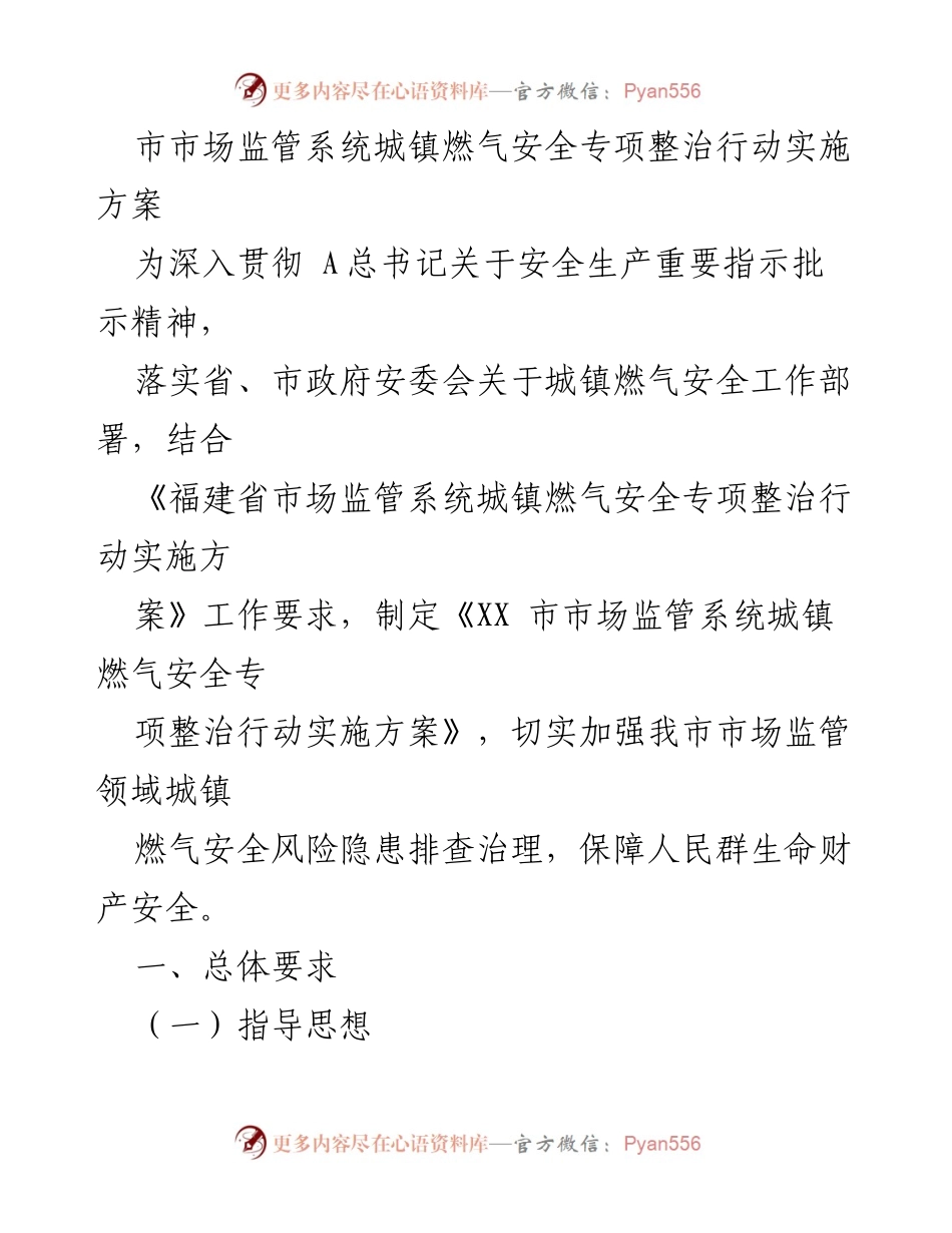 [工作方案] 市市场监管系统 - 城镇燃气安全专项整治行动实施方案.docx_第1页