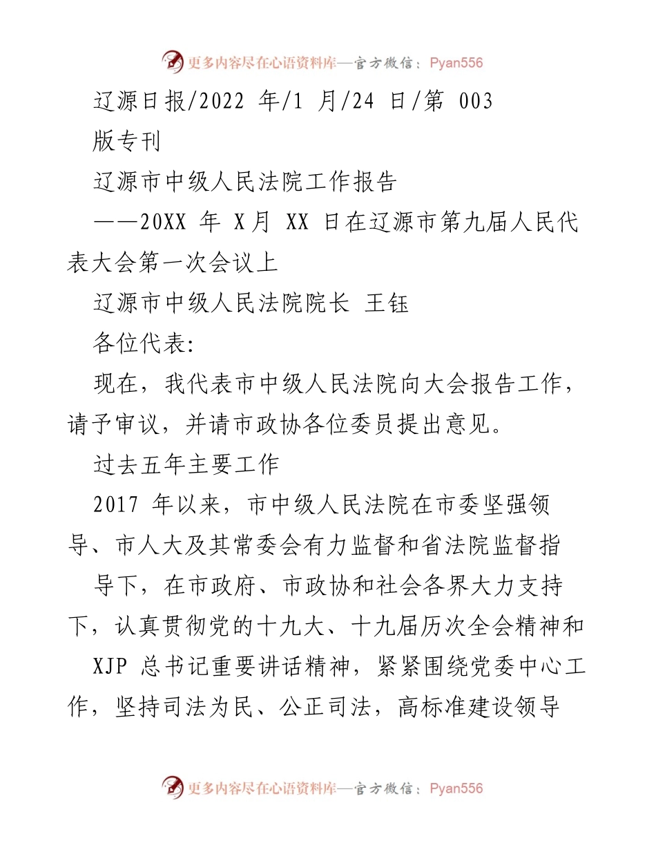 [工作报告] 辽源市第九届人民代表大会 - 辽源市中级人民法院工作总结报告.docx_第1页