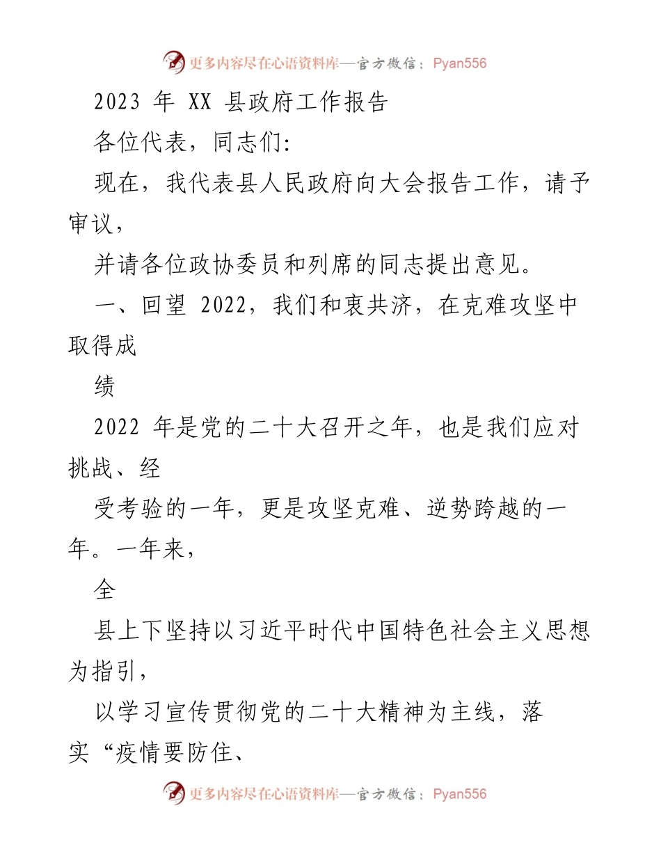 [工作报告] 政府会议 - 2023年XX县政府工作总结报告.docx_第1页