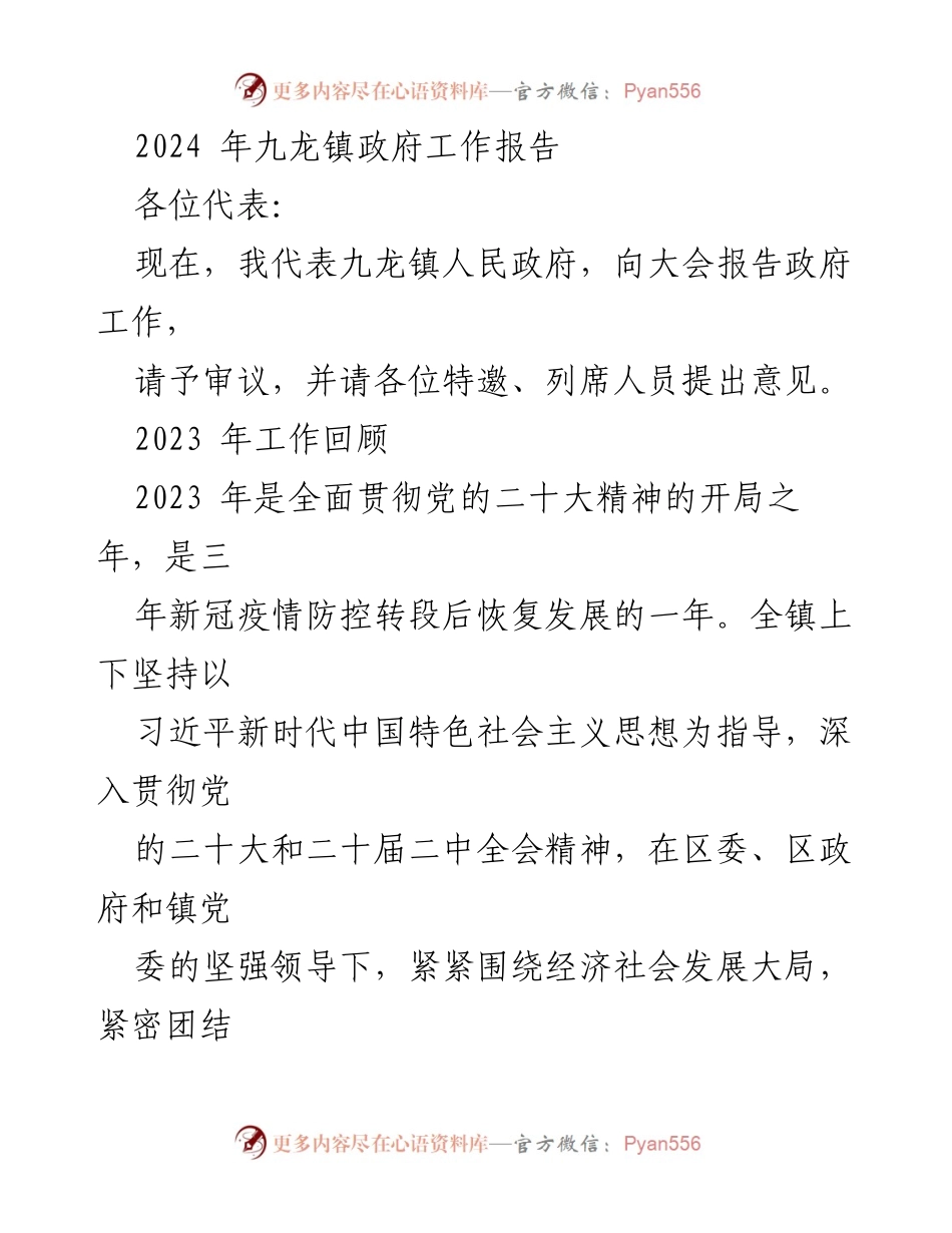 [工作报告] 政府会议 - 2024年九龙镇政府工作总结与展望.docx_第1页
