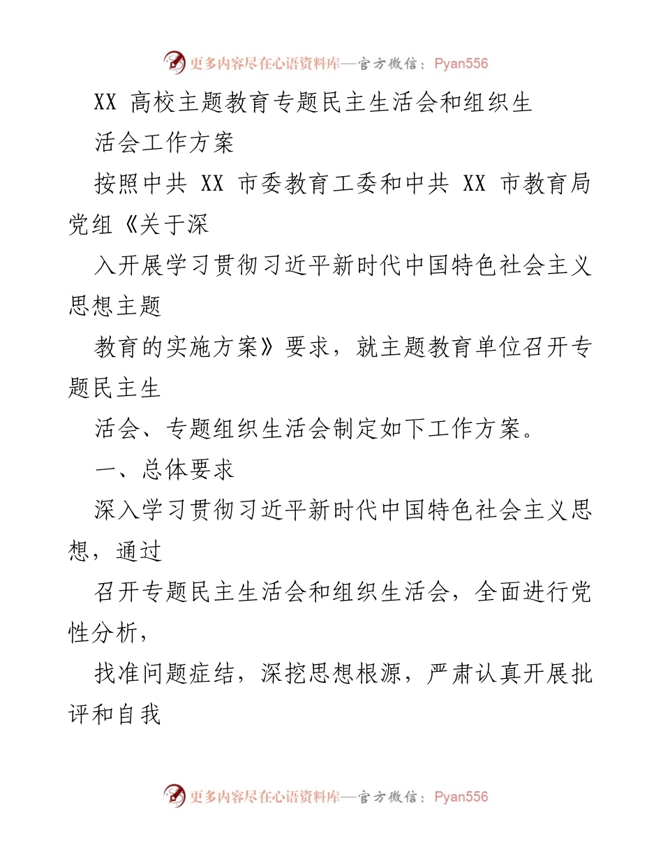 [工作方案] 高校主题教育 - XX高校专题民主生活会和组织生活会工作方案.docx_第1页