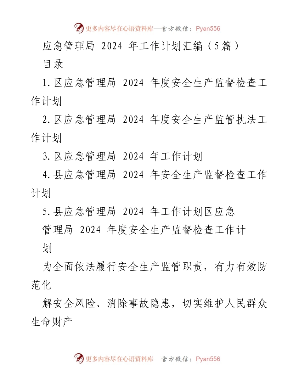 [工作计划] 应急管理局 - 2024年度安全生产监管工作计划汇编.docx_第1页