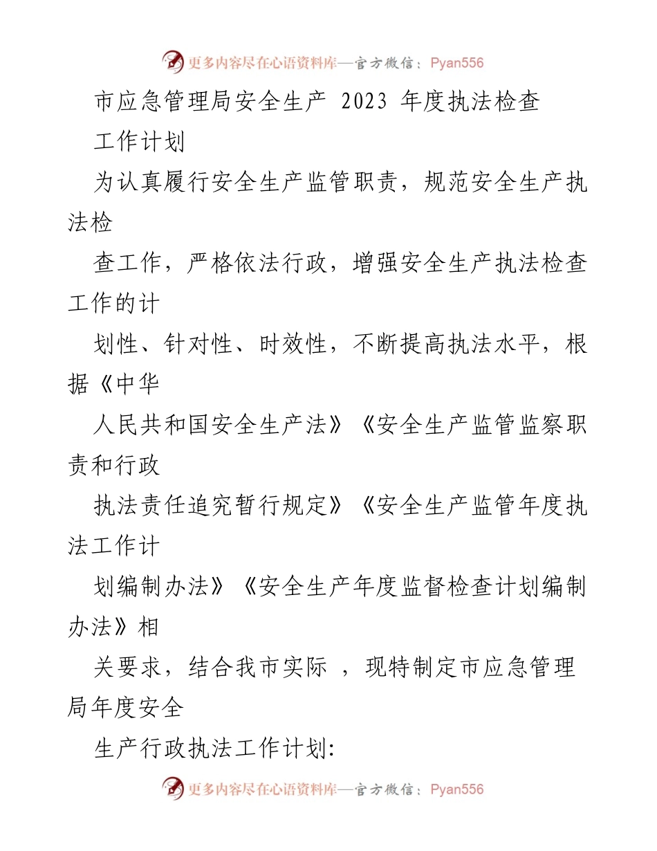 [工作计划] 市应急管理局 - 2023年度安全生产执法检查工作计划.docx_第1页