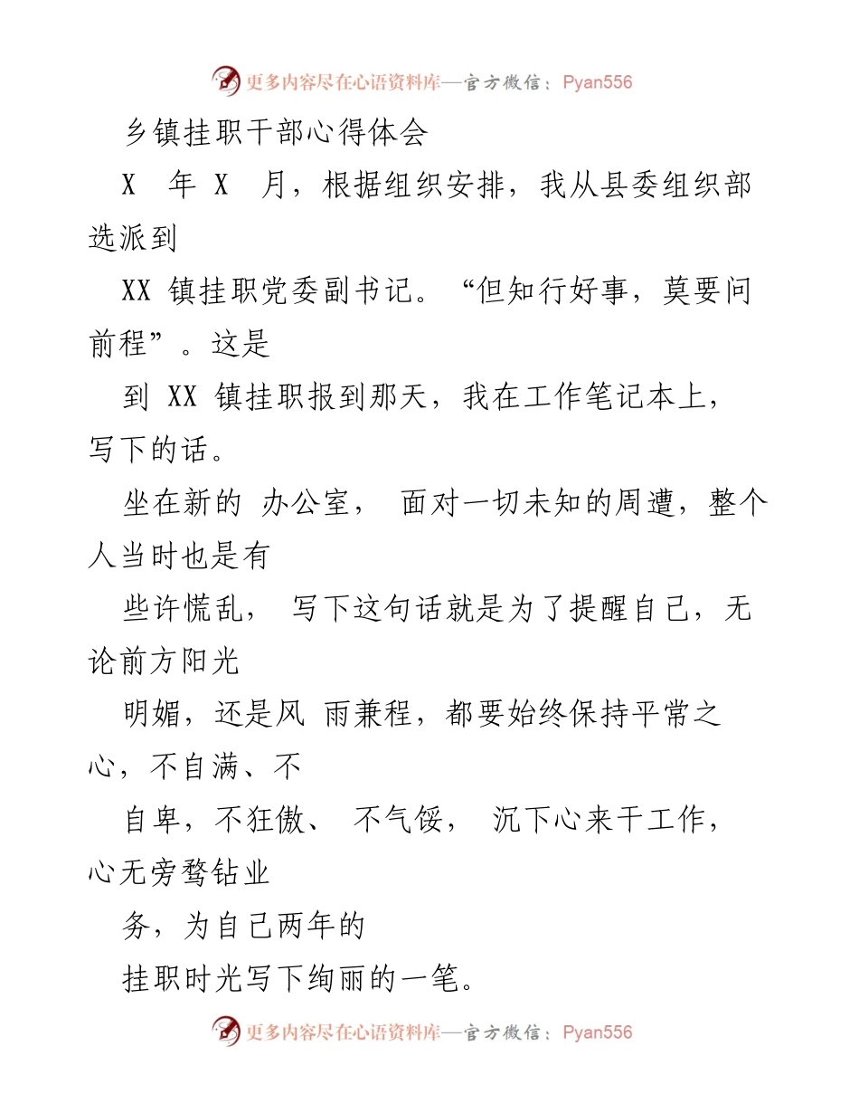 [心得体会] 挂职干部工作总结 - 乡镇挂职干部的成长与挑战.docx_第1页