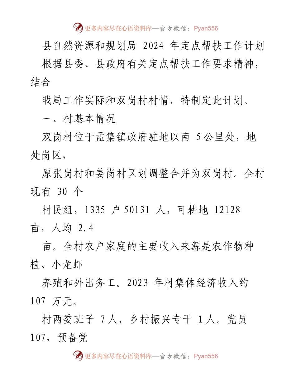 [工作计划] 定点帮扶 - 2024年双岗村定点帮扶工作计划_1.docx_第1页