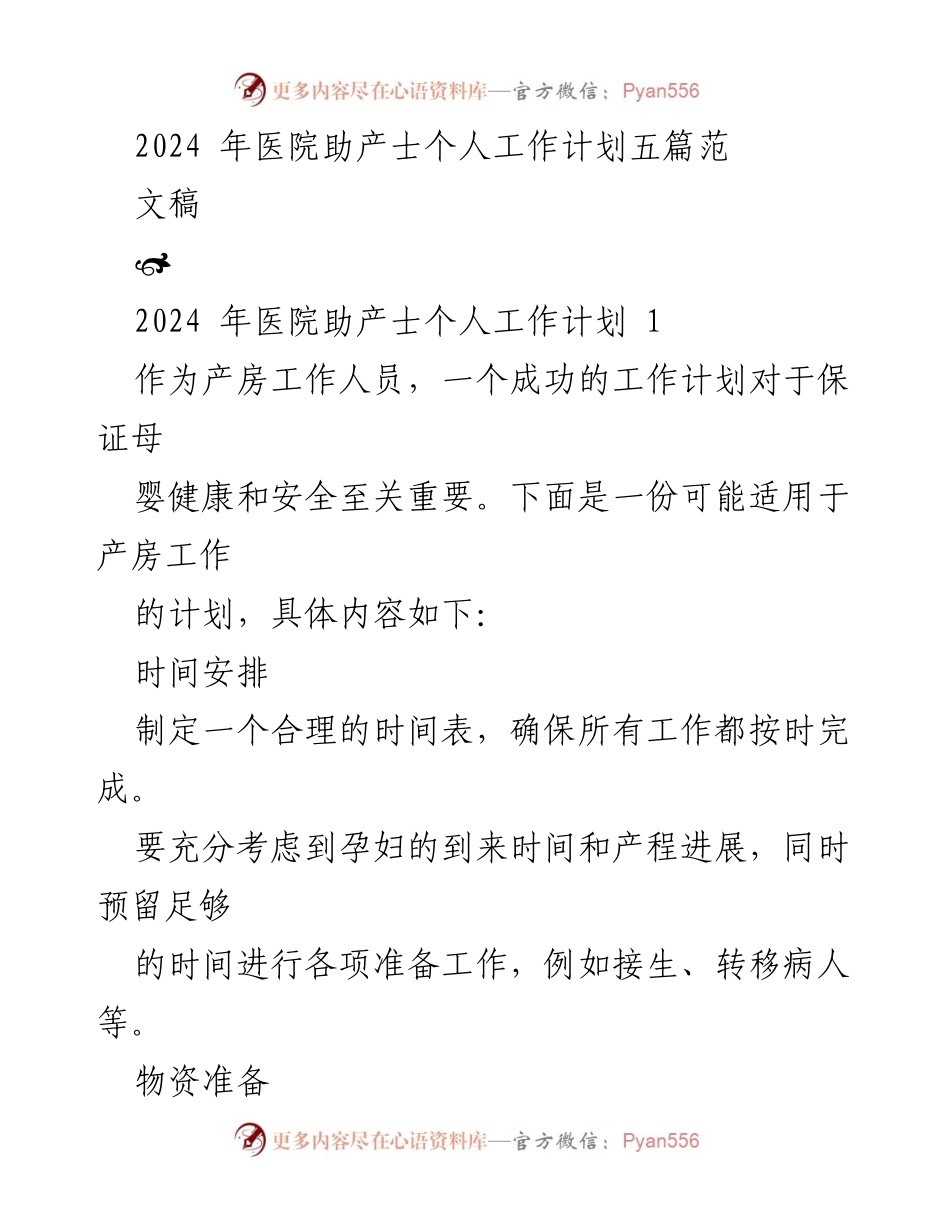 [工作计划] 医院助产士 - 2024年助产士个人工作计划概述.docx_第1页