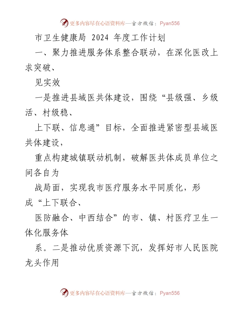 [工作计划] 2024年度 - 市卫生健康局2024年度工作计划概述.docx_第1页