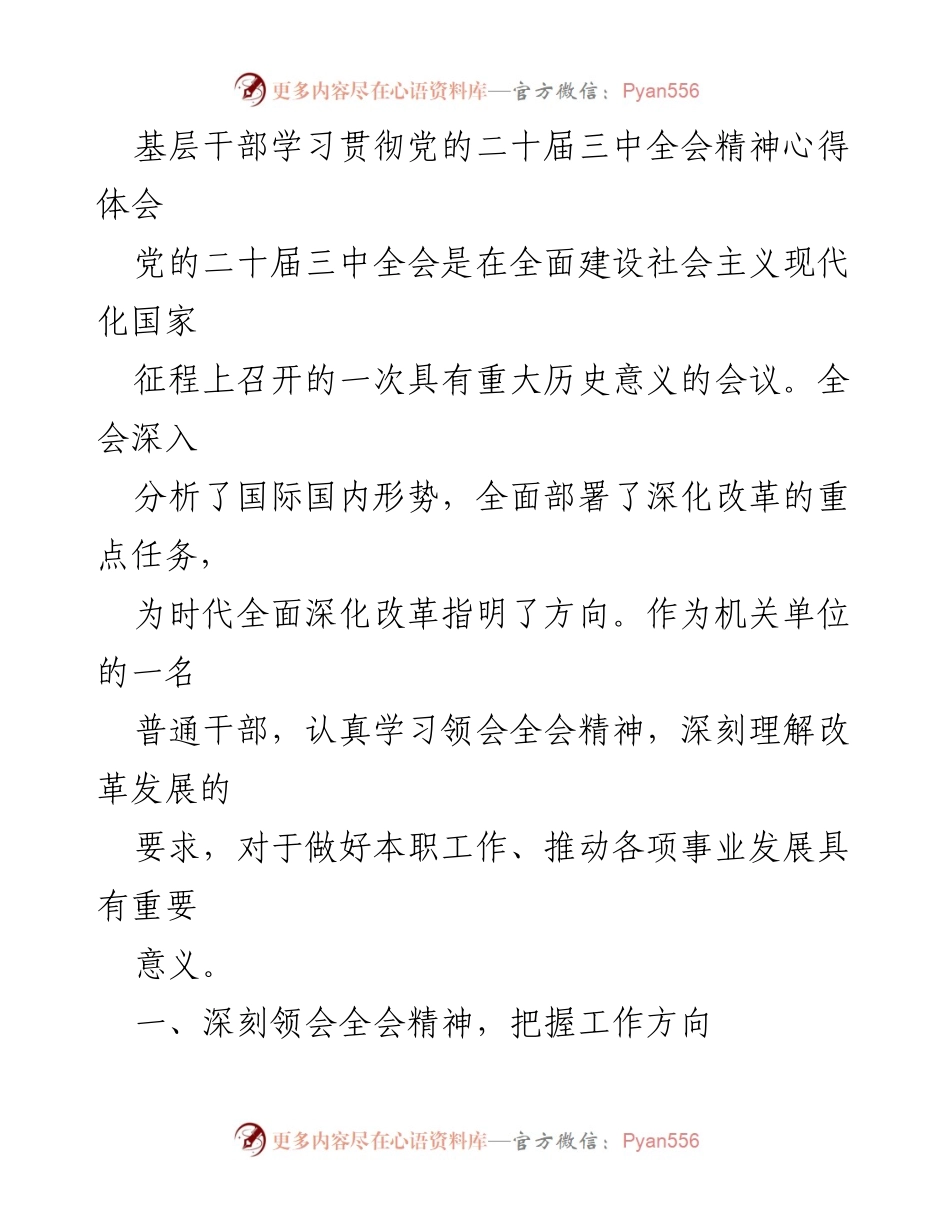 [心得体会] 基层干部学习会议 - 深入领会党的二十届三中全会精神的实践探索.docx_第1页