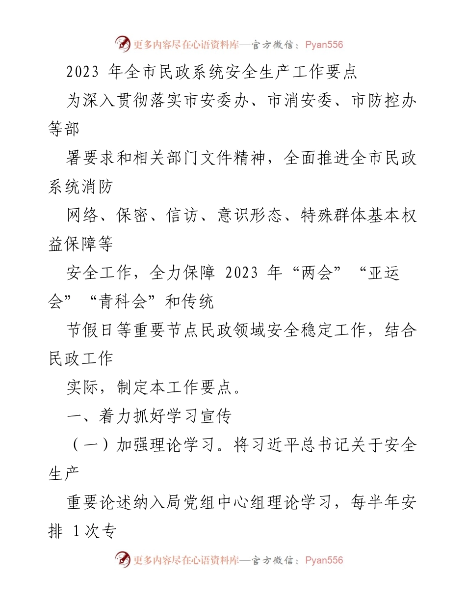 [工作要点] 民政系统 - 2023年全市民政系统安全生产工作要点.docx_第1页