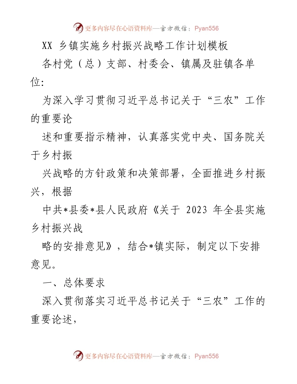 [工作计划] 乡镇会议 - 乡村振兴战略实施工作计划模板.docx_第1页