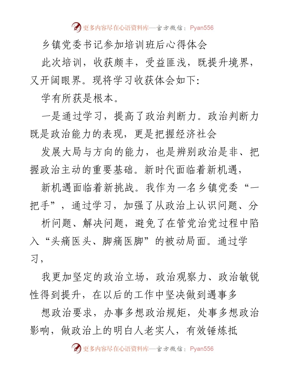 [心得体会] 培训班 - 提升政治能力，推动乡村振兴的学习收获.docx_第1页