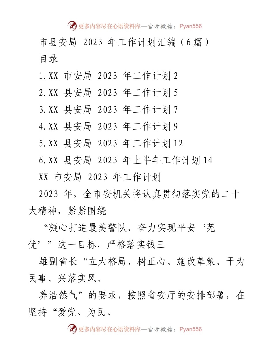 [工作计划] 市县安局 - 2023 年市县安局工作计划汇编.docx_第1页
