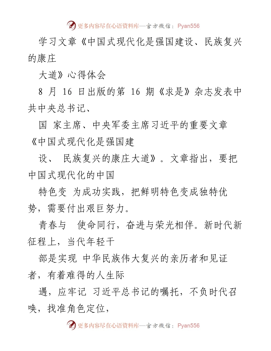 [心得体会] 学习交流 - 青年干部如何在中国式现代化进程中坚定信仰与廉洁自律.docx_第1页