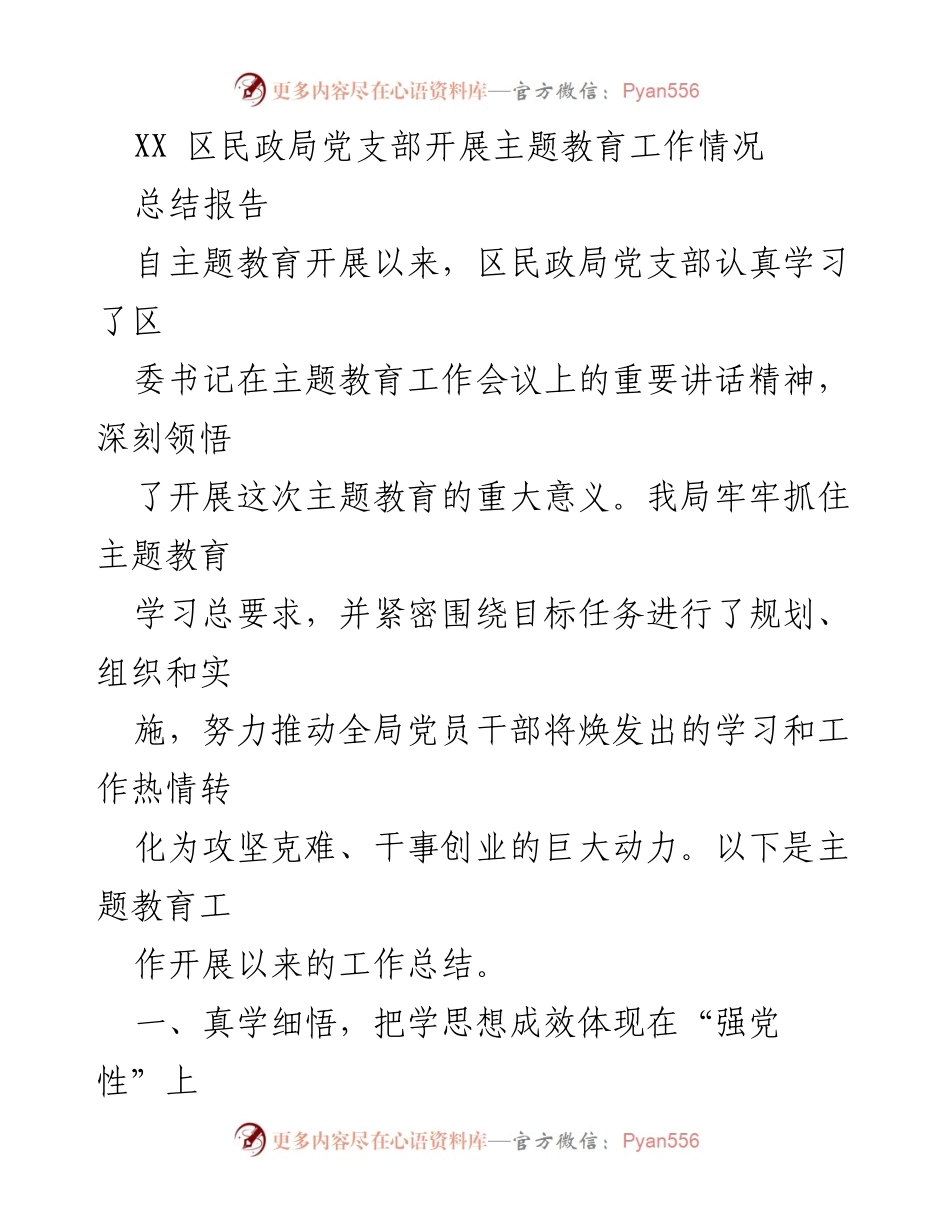 [总结报告] 主题教育工作 - 区民政局党支部主题教育工作总结报告.docx_第1页