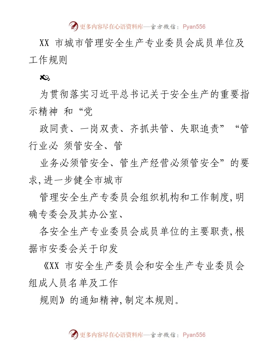 [工作规则] 专委会成立 - XX市城市管理安全生产专业委员会工作规则.docx_第1页