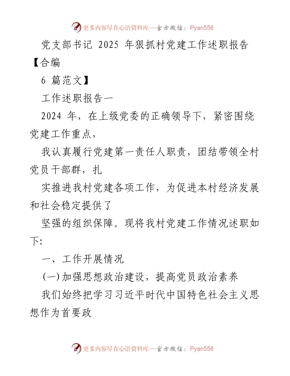 [工作述职报告] 村党建工作 - 2025年党支部书记党建工作述职报告.docx_第1页