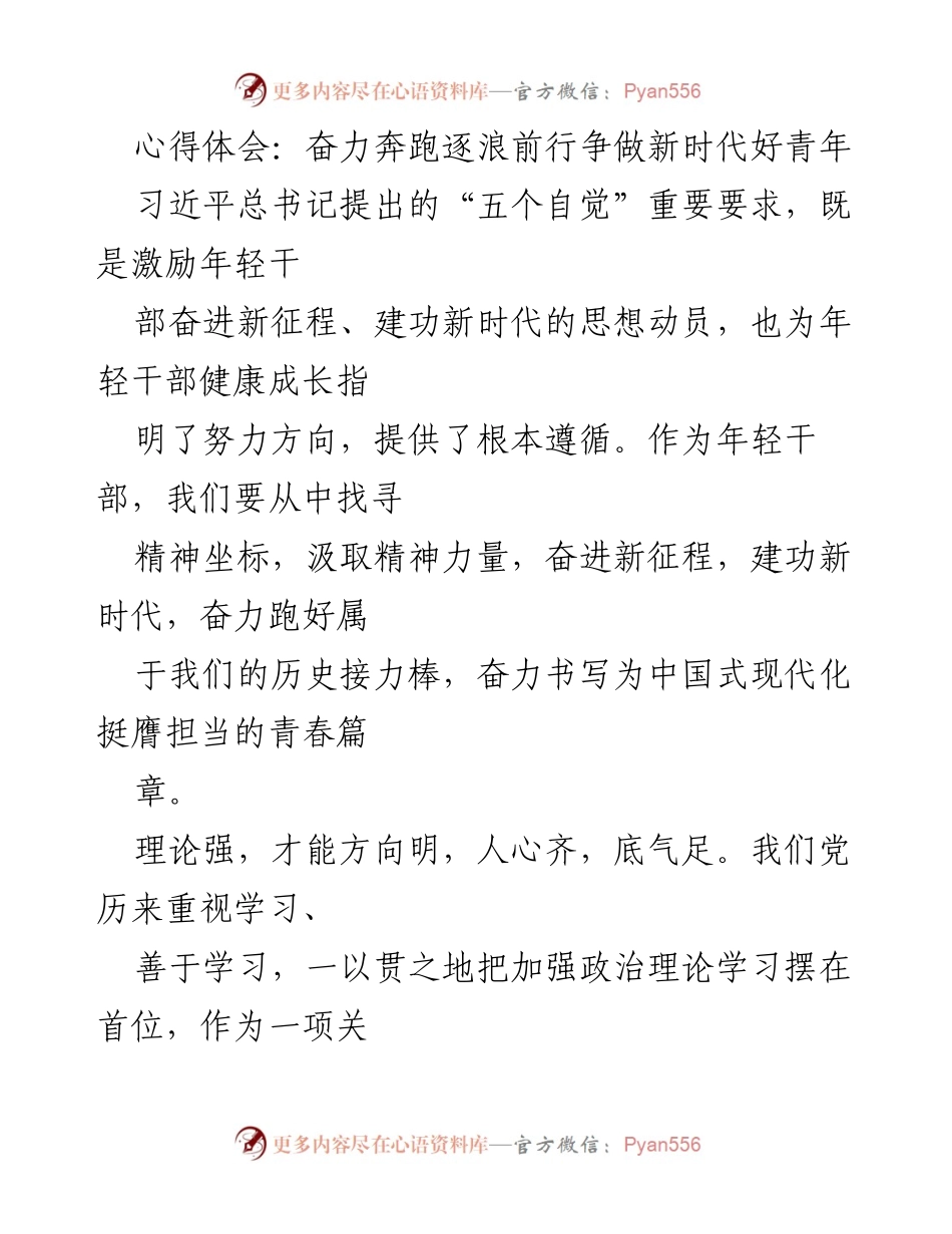 [心得体会] 青年干部培训 - 奋力奔跑逐浪前行，争做新时代好青年.docx_第1页