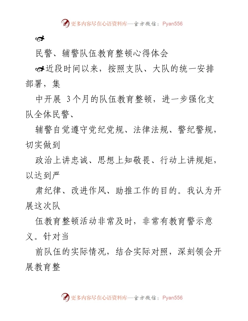 [心得体会] 教育整顿 - 民警辅警队伍教育整顿的体会与反思.docx_第1页