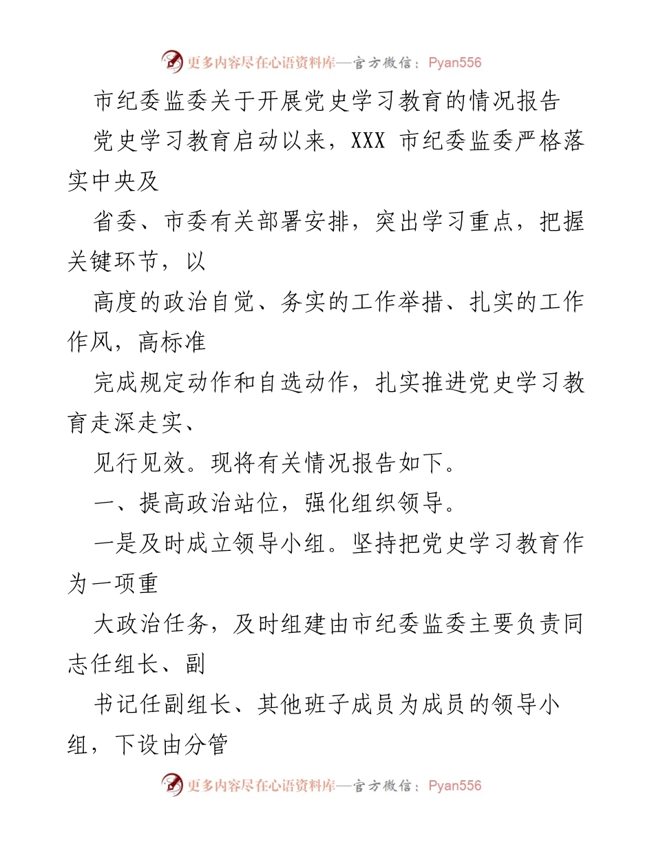 [情况报告] 党史学习教育 - 市纪委监委党史学习教育开展情况总结.docx_第1页