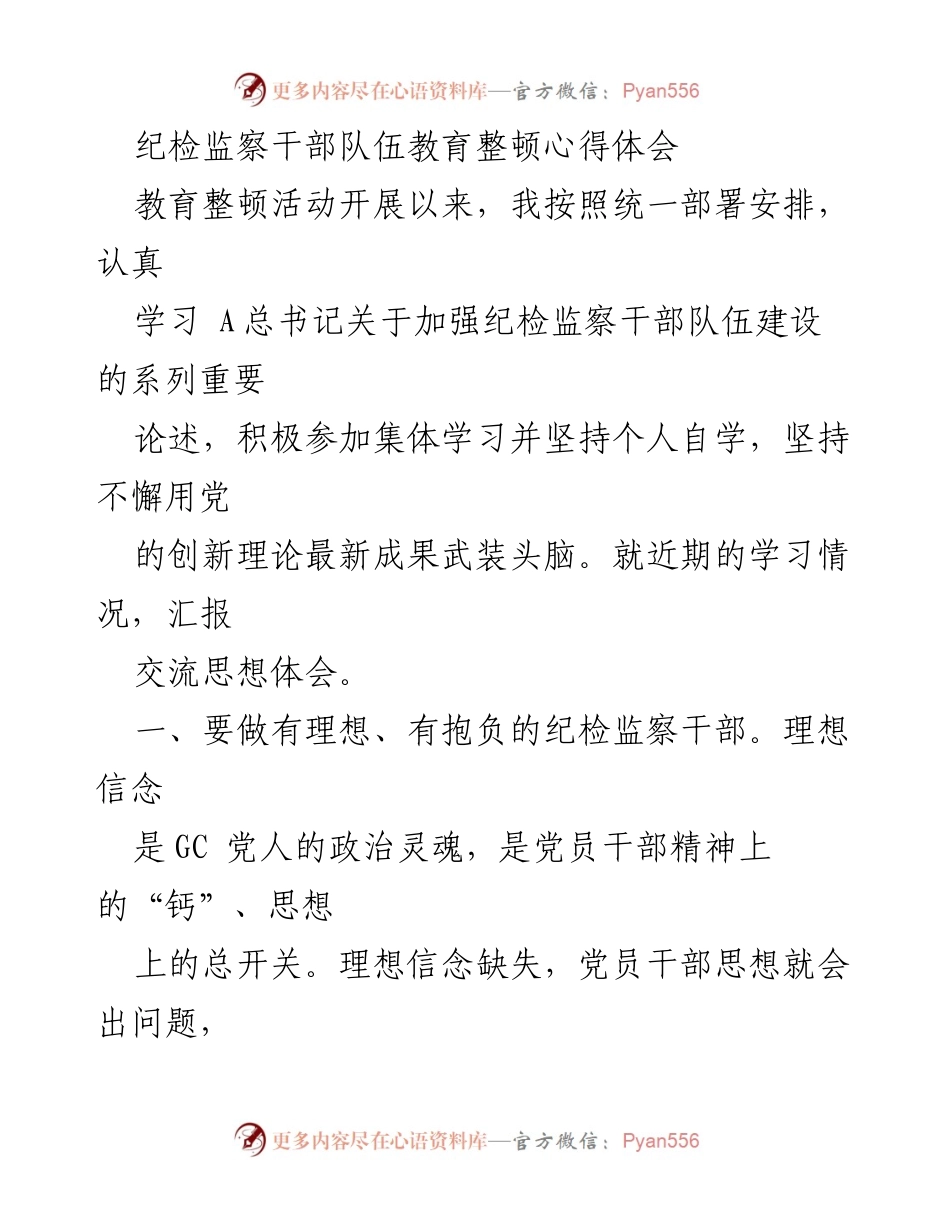 [心得体会] 教育整顿 - 纪检监察干部队伍建设的理想与担当.docx_第1页