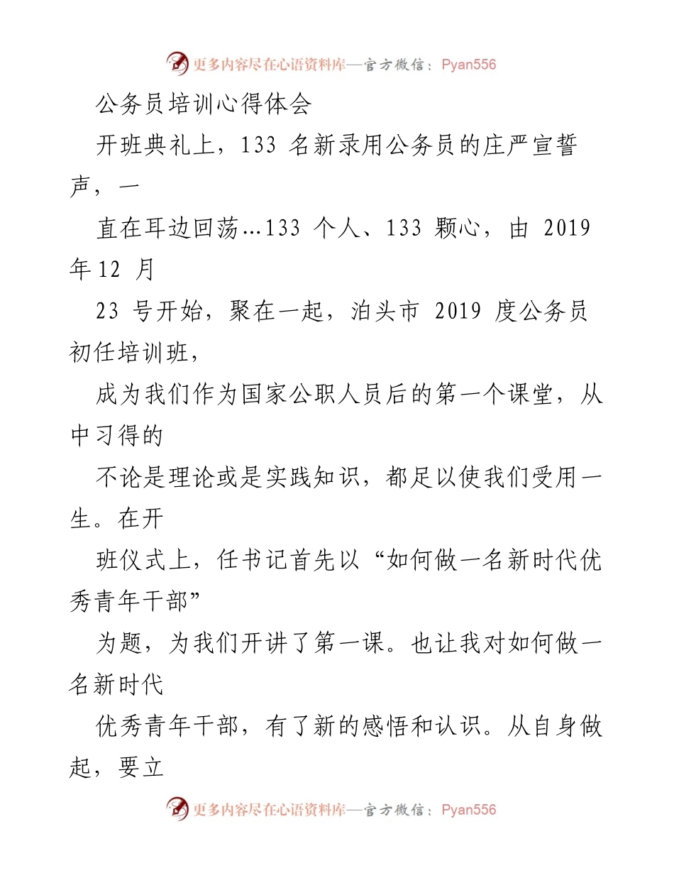 [心得体会] 公务员培训 - 新时代优秀青年干部的成长与责任.docx_第1页