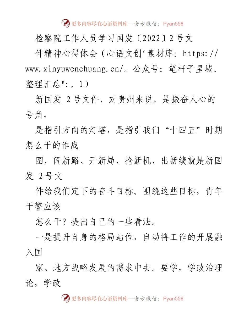 [心得体会] 检察院学习活动 - 青年干警如何落实新国发〔2022〕2号文件精神.docx_第1页