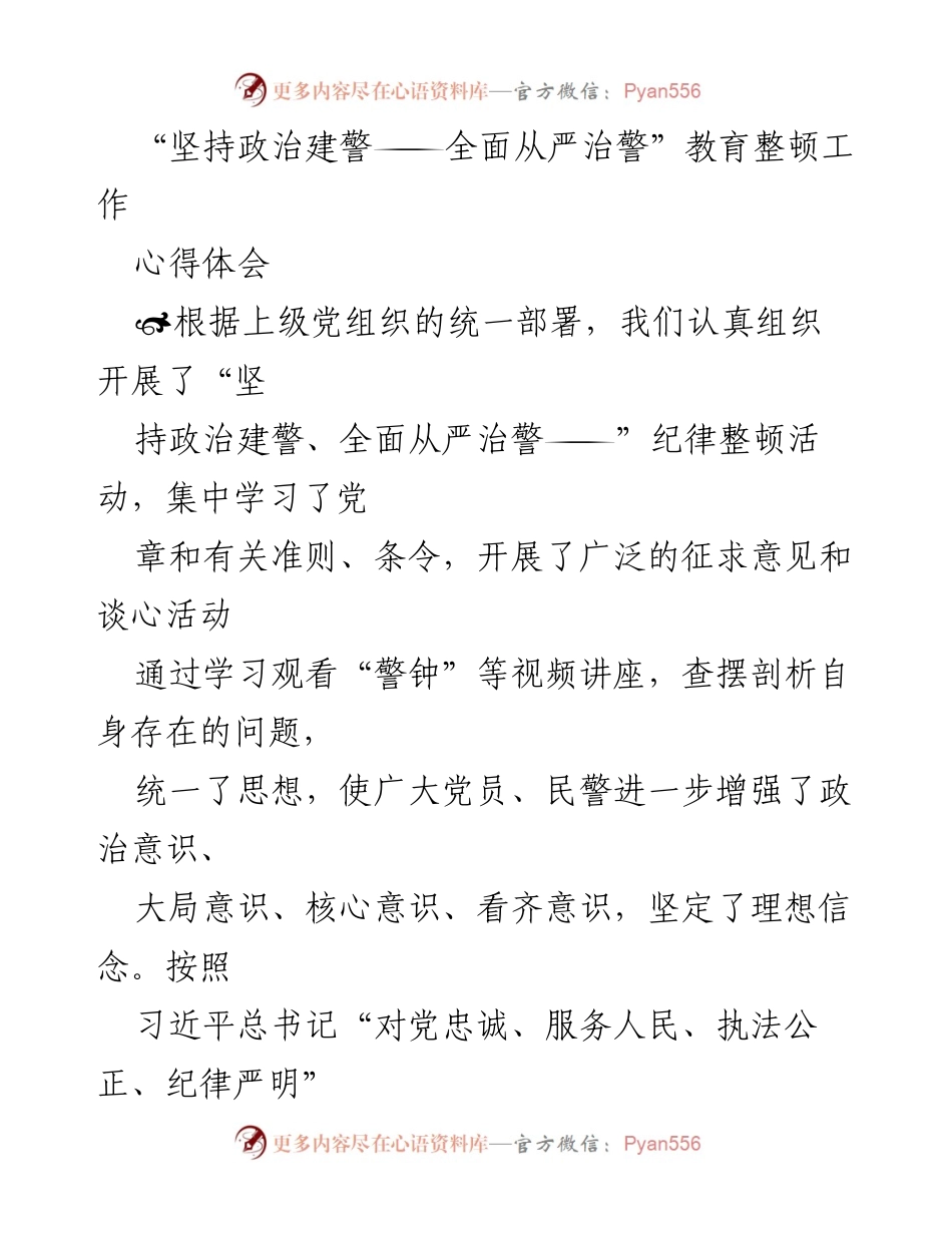 [心得体会] 教育整顿工作 - 坚持政治建警，全面从严治警的心得体会.docx_第1页
