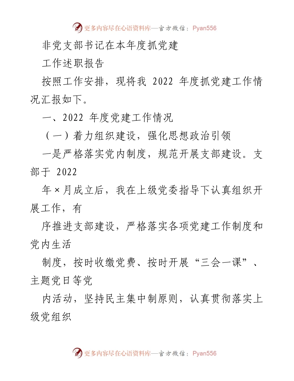 [工作述职报告] 党建工作总结 - 2022年度非党支部书记党建工作述职报告.docx_第1页