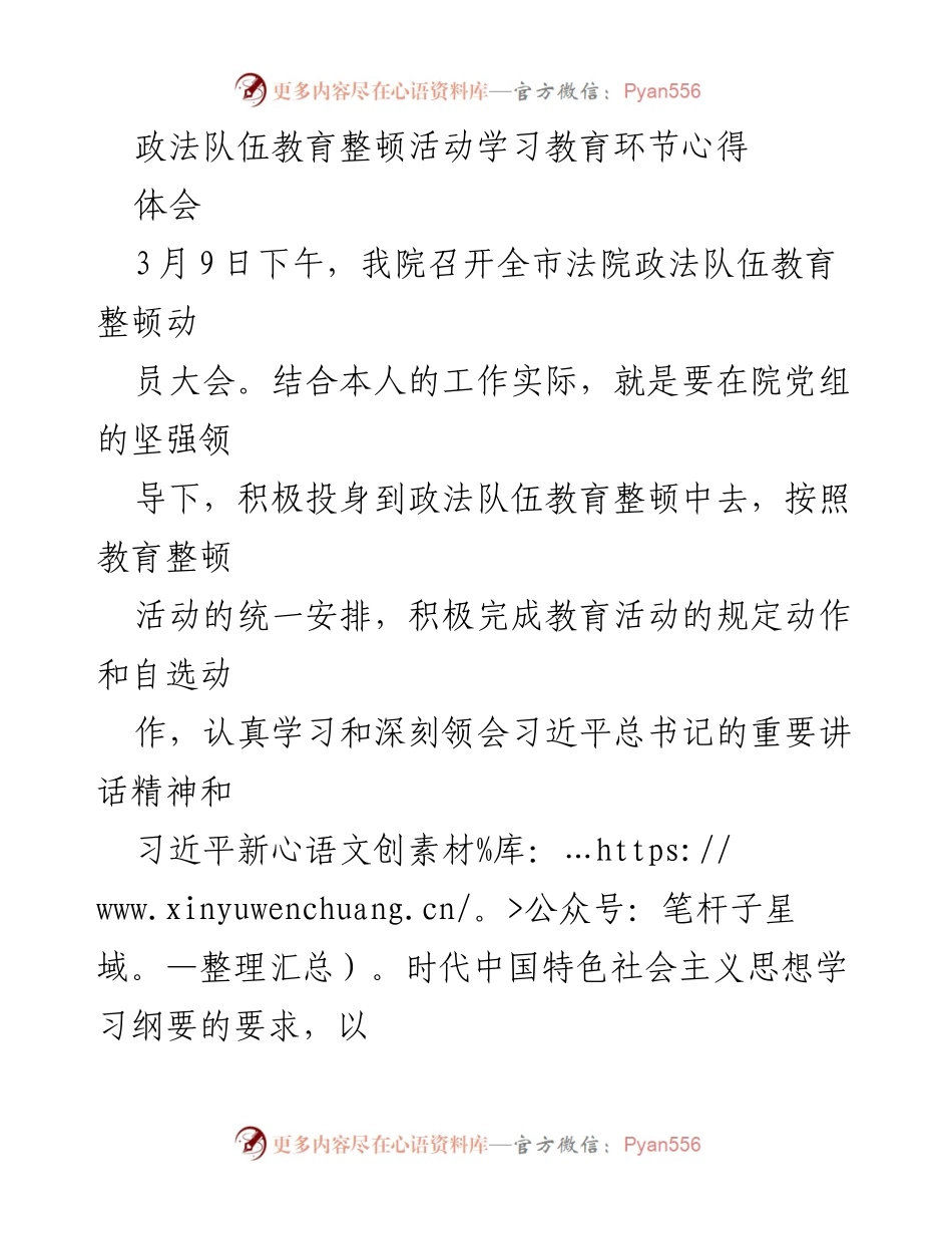 [心得体会] 政法队伍教育整顿动员大会 - 深入学习习近平新时代中国特色社会主义思想，提升司法服务能力.docx_第1页