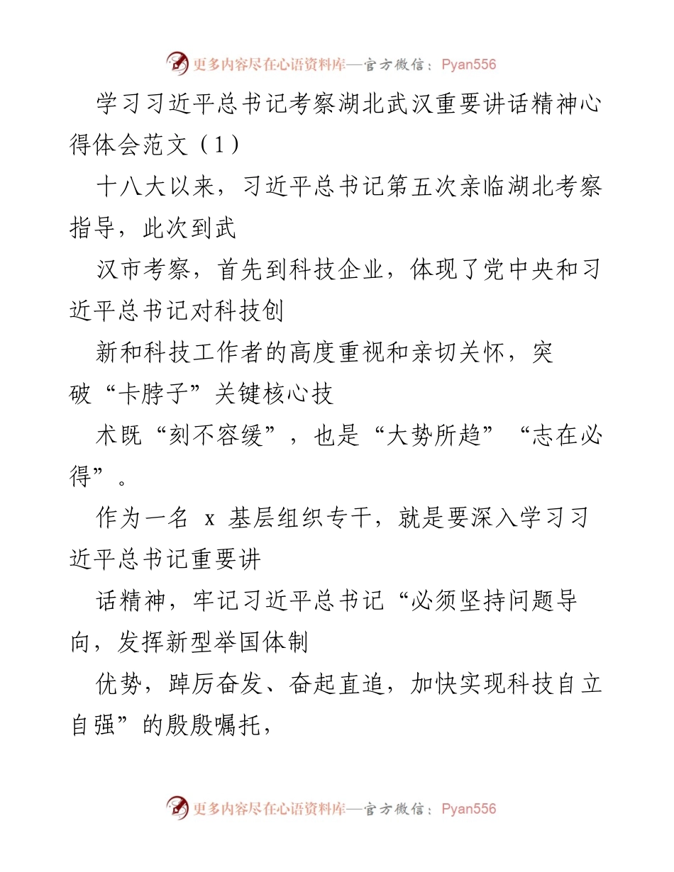 [心得体会] 学习交流 - 深刻领悟习近平总书记考察武汉讲话精神的实践与思考.docx_第1页