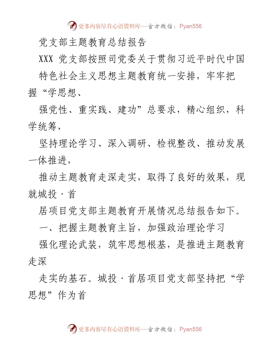 [总结报告] 党支部主题教育 - 城投·首居项目党支部主题教育总结报告.docx_第1页