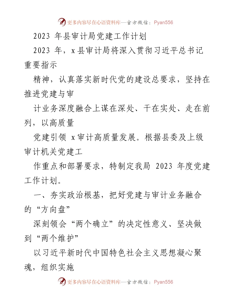 [工作计划] 审计局 - 2023年县审计局党建工作计划.docx_第1页