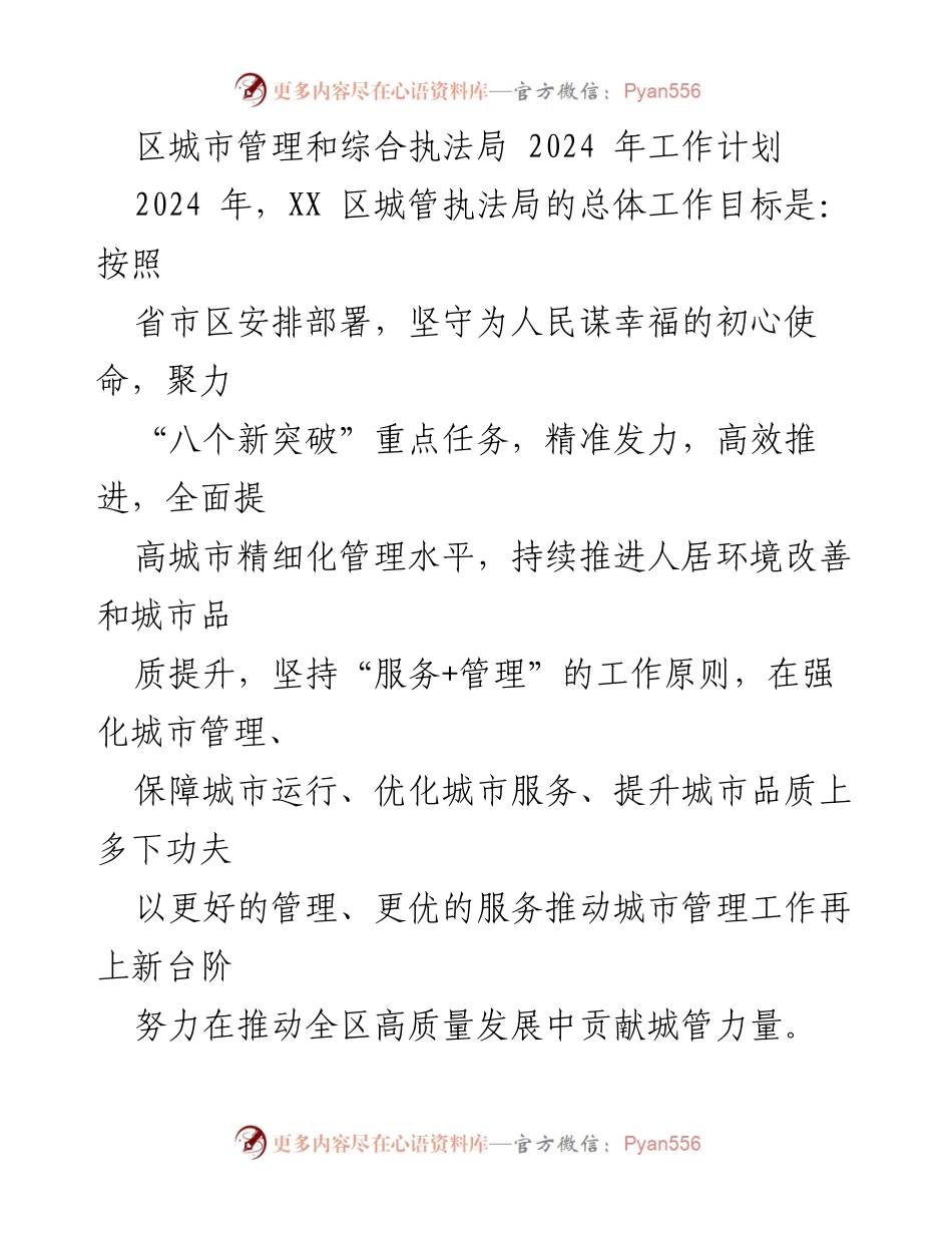 [工作计划] 城市管理 - 2024年XX区城管执法局工作计划概要.docx_第1页