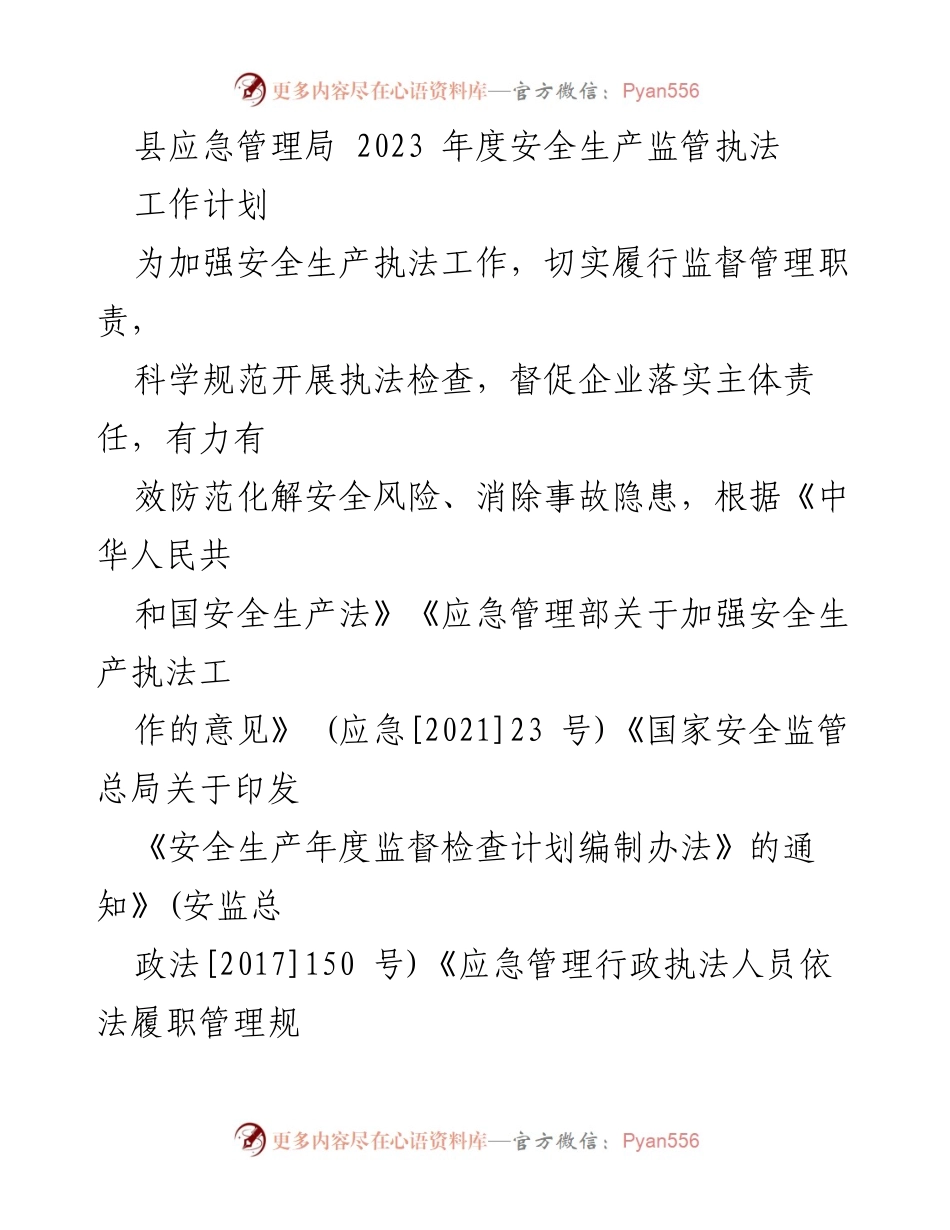 [工作计划] 县应急管理局 - 2023年度安全生产监管执法工作计划.docx_第1页