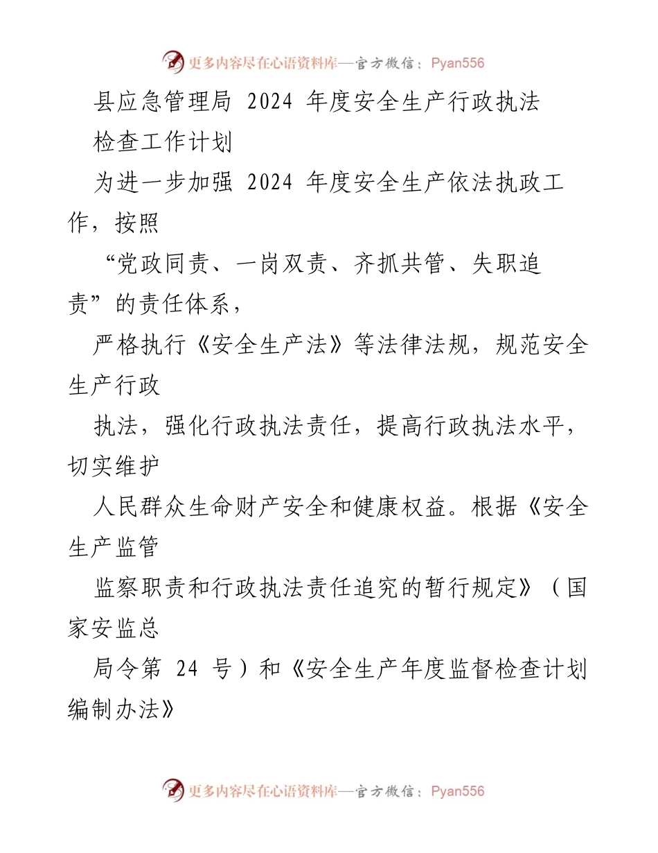 [工作计划] 安全生产 - 2024年度安全生产行政执法检查工作计划.docx_第1页