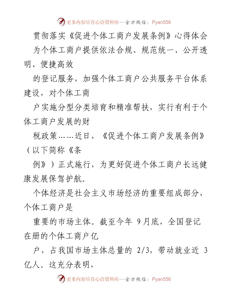 [心得体会] 促进个体工商户发展 - 深入理解《促进个体工商户发展条例》的实施与意义.docx_第1页