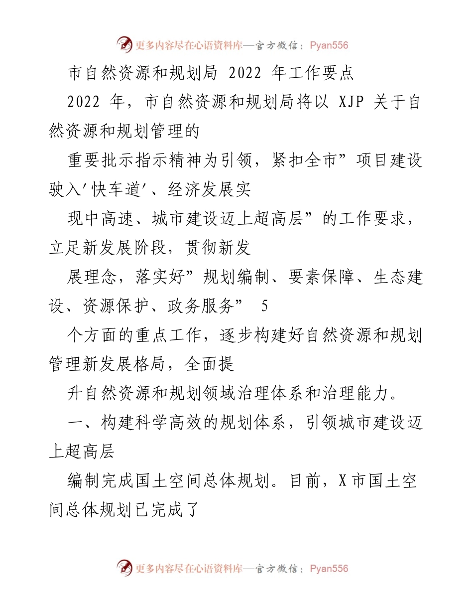 [工作要点] 市自然资源和规划局 - 2022年自然资源与规划管理工作要点.docx_第1页