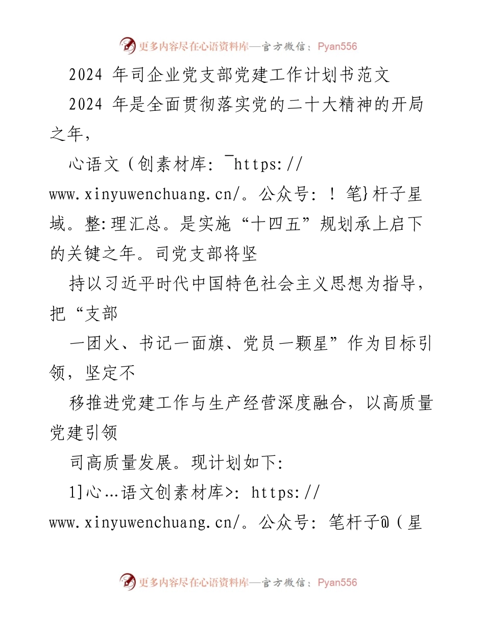 [工作计划] 党建工作 - 2024年企业党支部党建工作计划概述.docx_第1页
