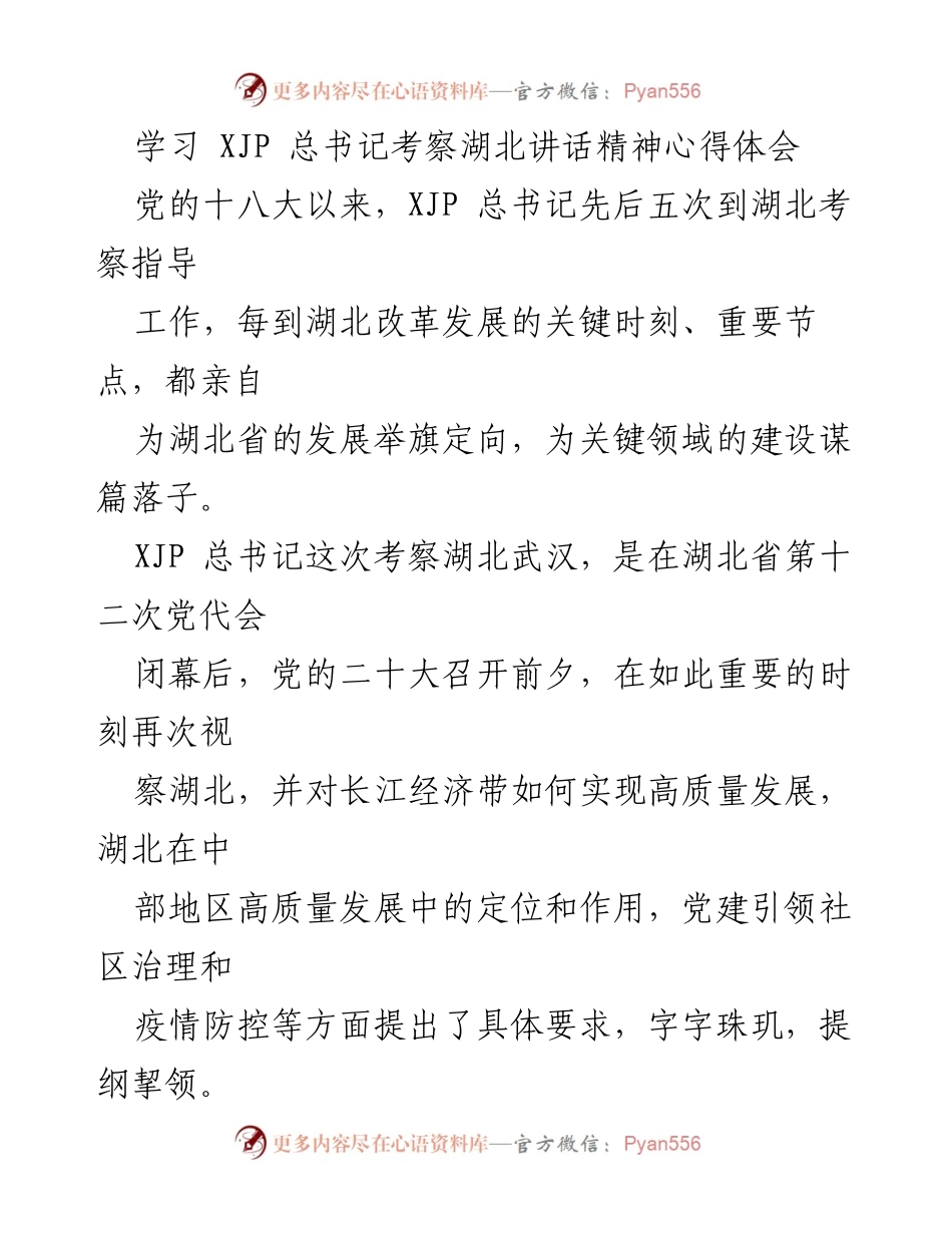 [心得体会] 学习交流 - 深刻领会XJP总书记考察湖北讲话精神及落实措施.docx_第1页