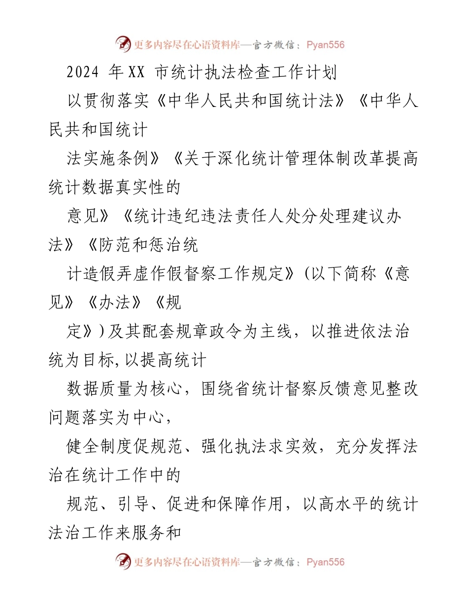 [工作计划] 统计执法 - 2024年XX市统计执法检查工作计划.docx_第1页