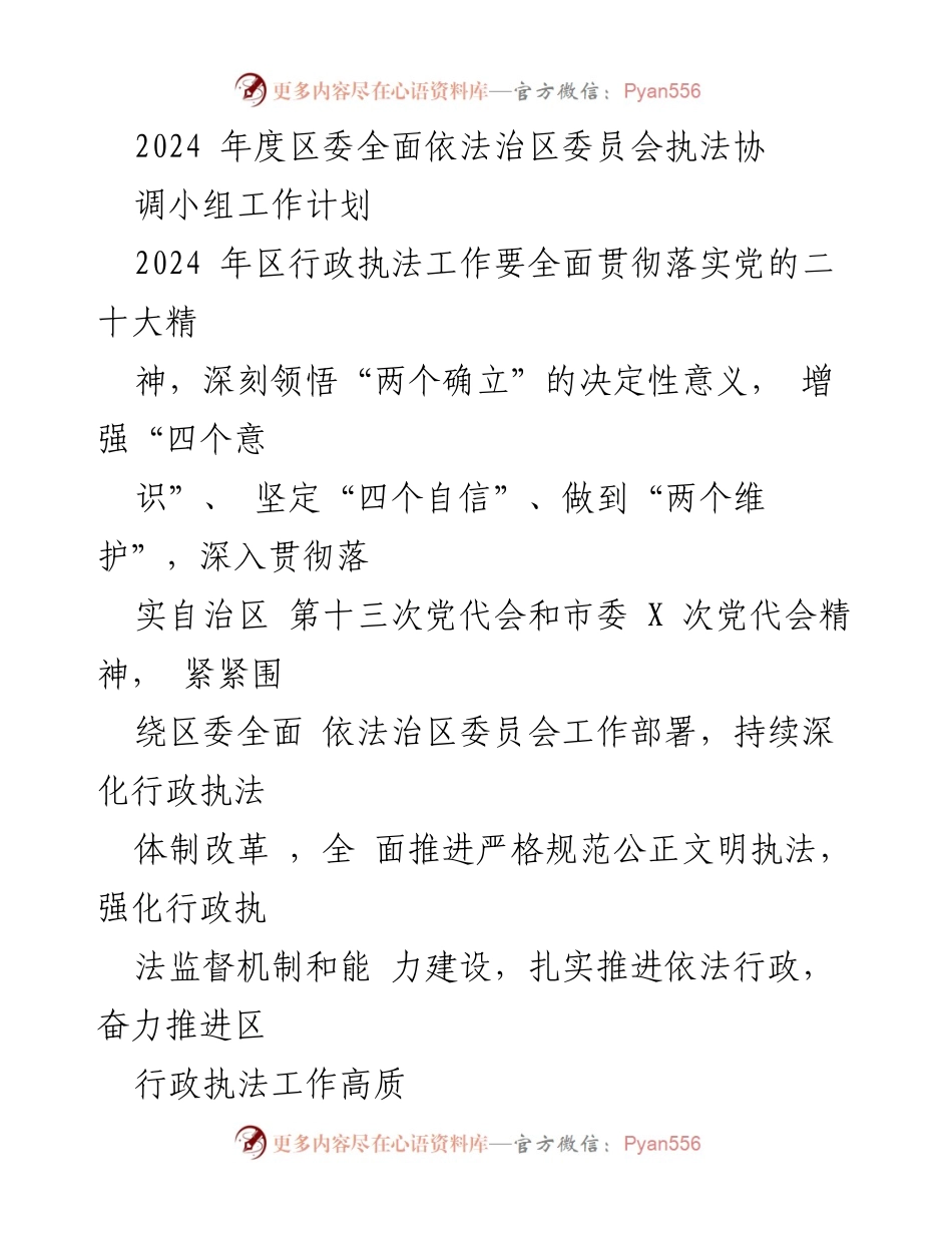 [工作计划] 区委会议 - 2024年度区行政执法工作计划.docx_第1页