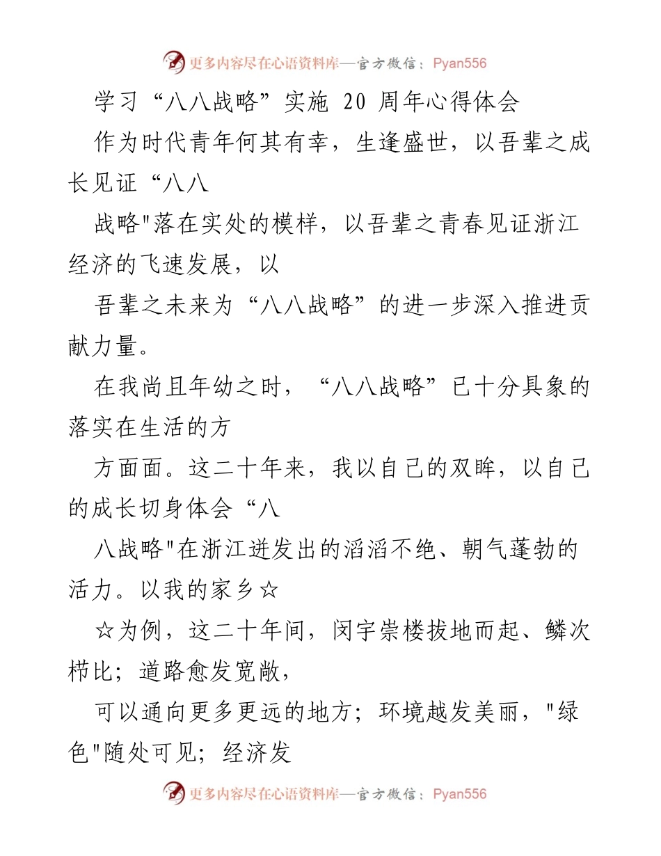 [心得体会] 学习“八八战略”实施20周年 - 浙江青年见证“八八战略”成就与未来展望.docx_第1页
