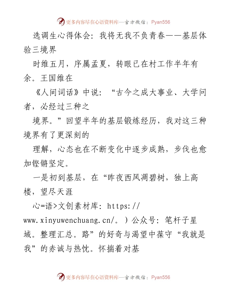 [心得体会] 基层工作总结 - 无我不负青春：基层体验的三重境界.docx_第1页