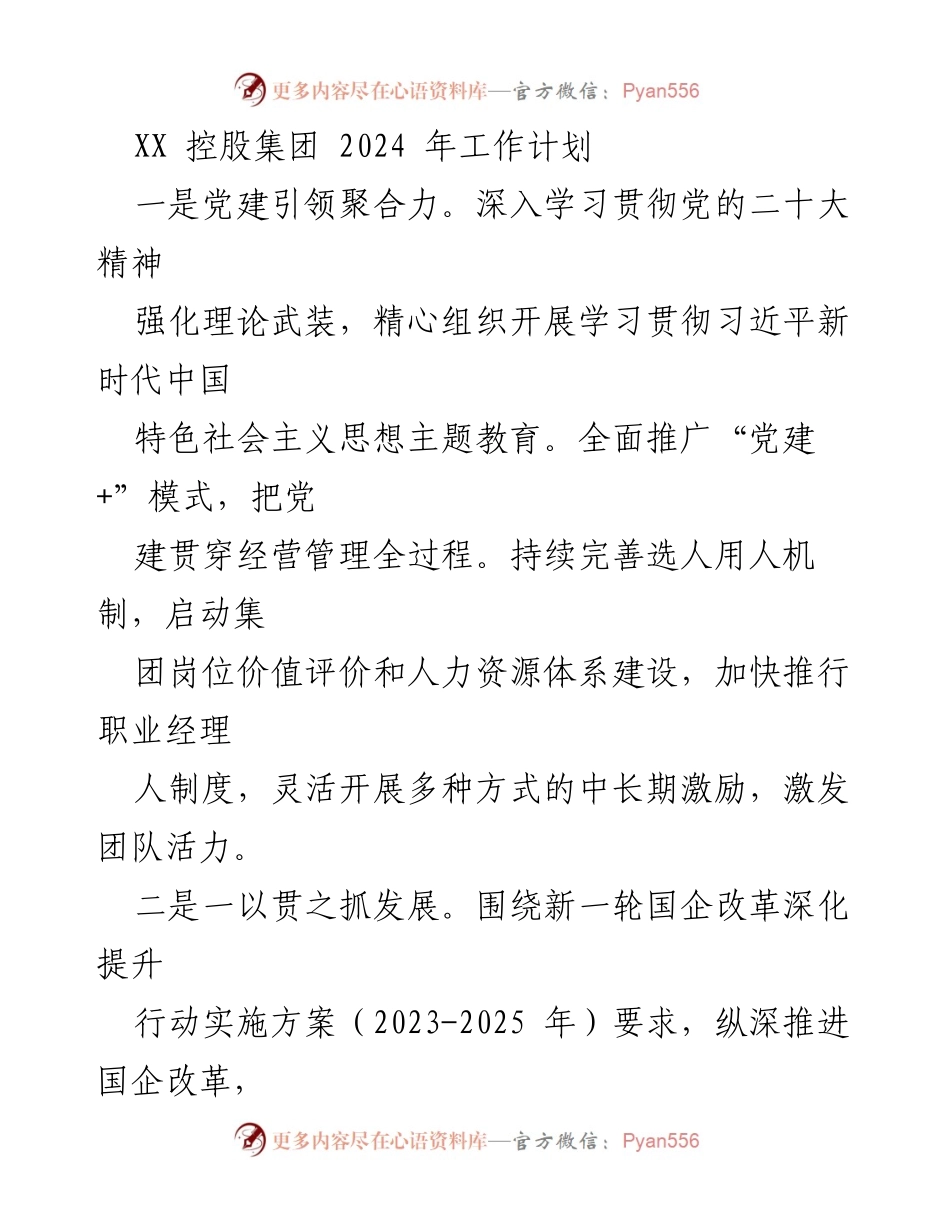 [工作计划] XX 控股集团 2024 年工作计划 - 党建引领与国企改革推动发展.docx_第1页