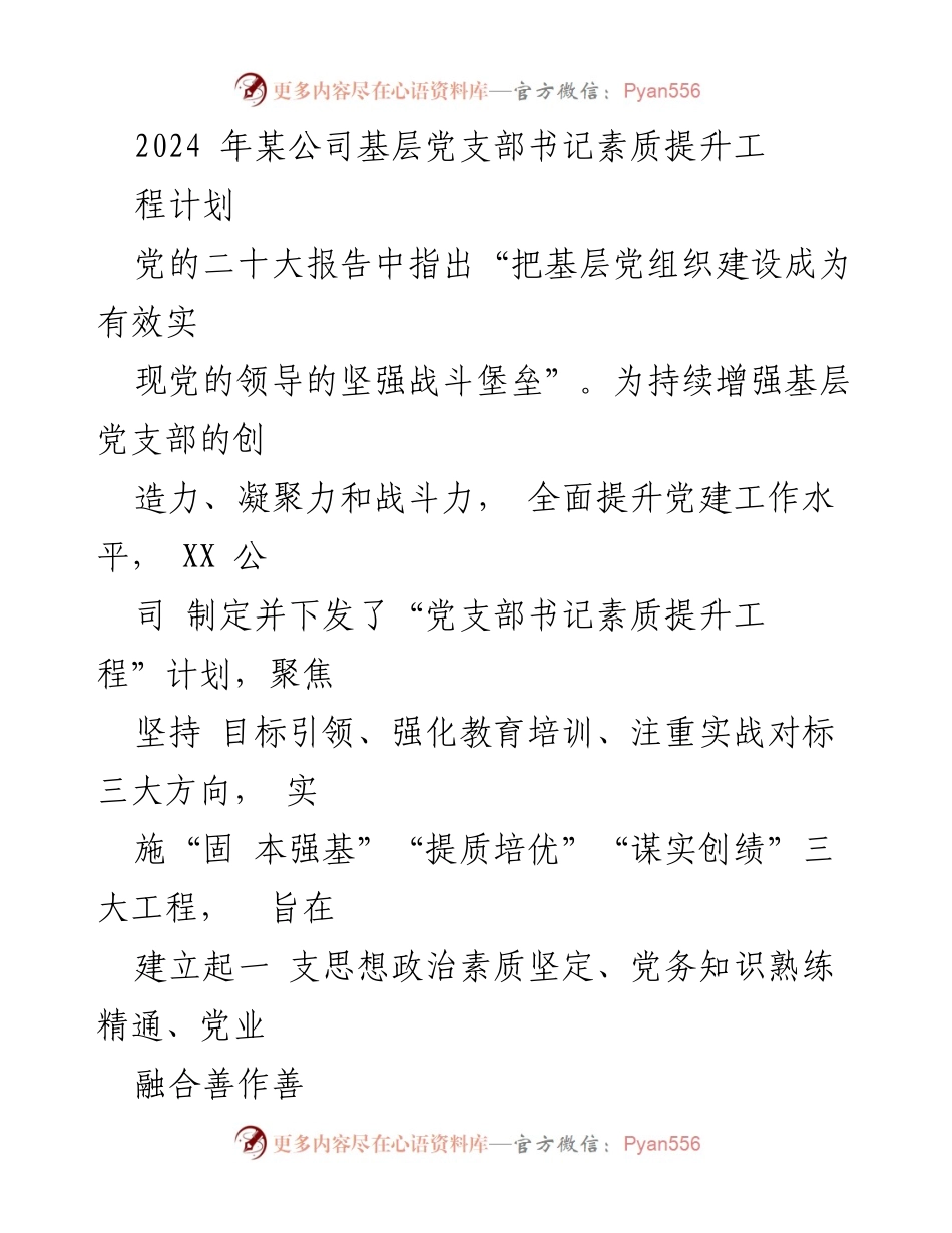[工作计划] 党建工作 - 基层党支部书记素质提升工程计划_1.docx_第1页