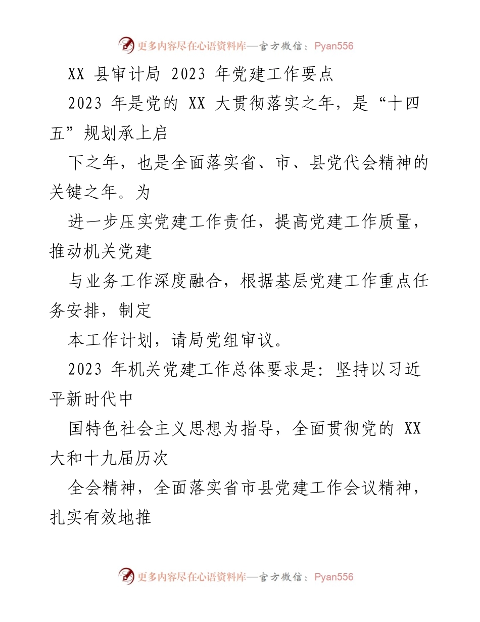 [工作计划] 党建工作会议 - 2023年XX县审计局党建工作要点.docx_第1页