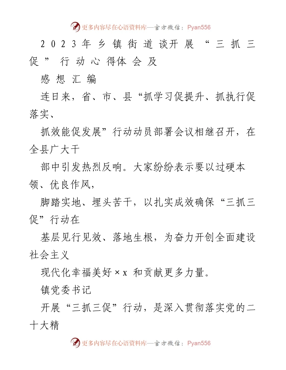[心得体会] 乡镇干部会议 - “三抓三促”行动的心得与实践总结.docx_第1页