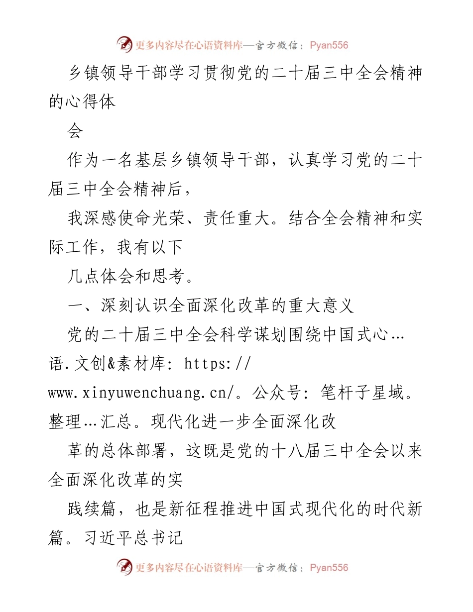 [心得体会] 乡镇干部学习会 - 学习贯彻党的二十届三中全会精神的体会与思考.docx_第1页